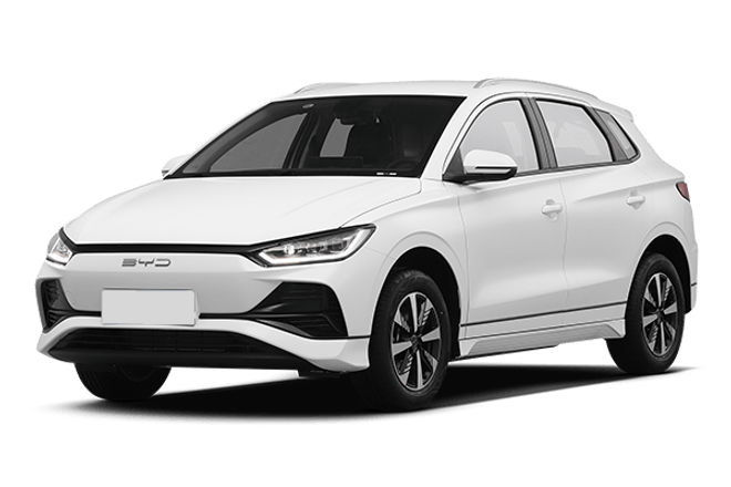 BYD e2, white electric hatchback, front three-quarter view; model recognition reference, specifications vary by year and market