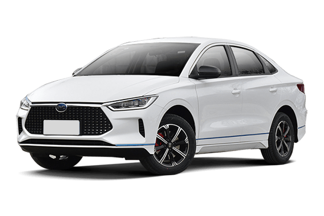 BYD e3 electric sedan in white, front three-quarter view facing left; model recognition reference, specifications vary by year and market