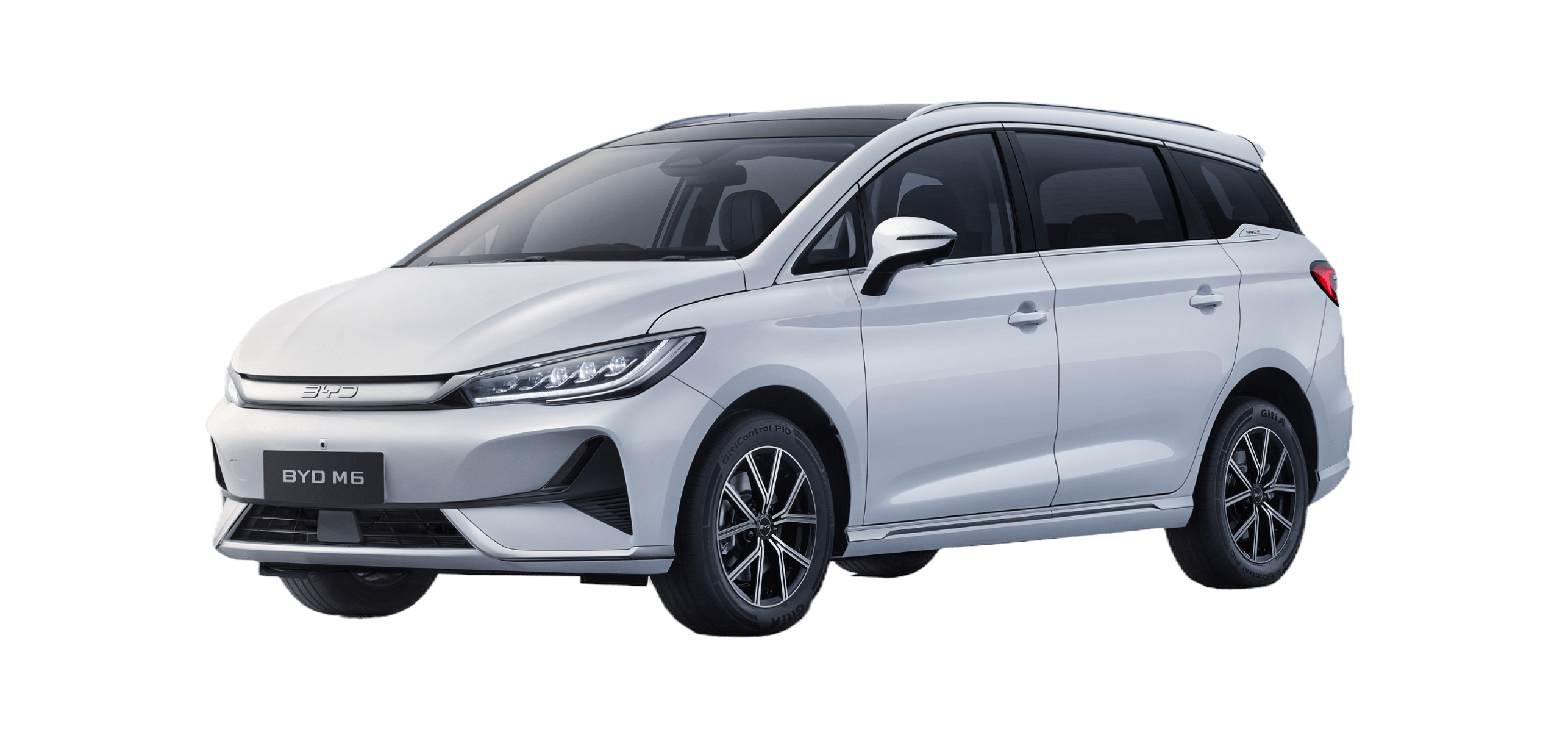 BYD M6 EV in Crystal White, front three-quarter view facing left; model recognition reference, specifications vary by year and market