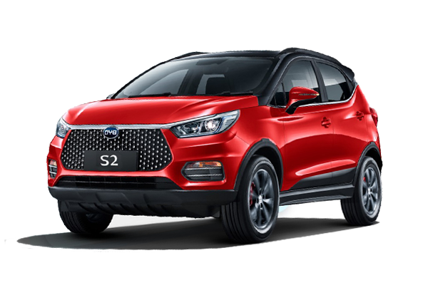 2019 BYD S2 EV in red with a black roof, front three-quarter view facing left; model recognition reference, specifications vary by year and market