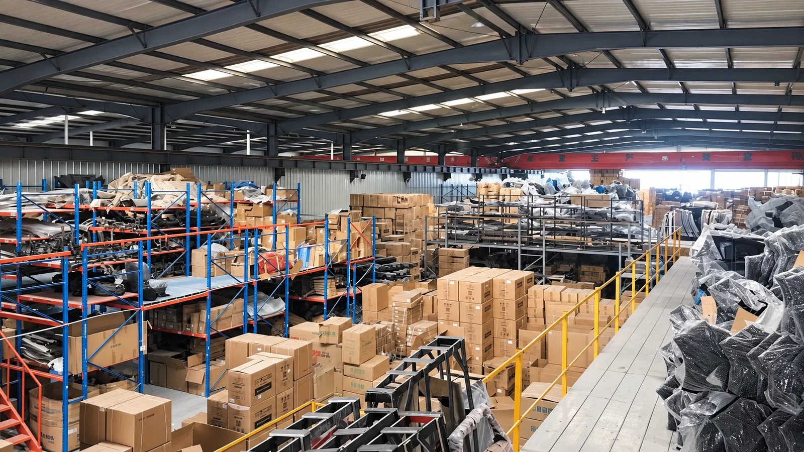Auto parts warehouse overview with racking, boxed car spare parts and wrapped body components at TOP Auto Parts